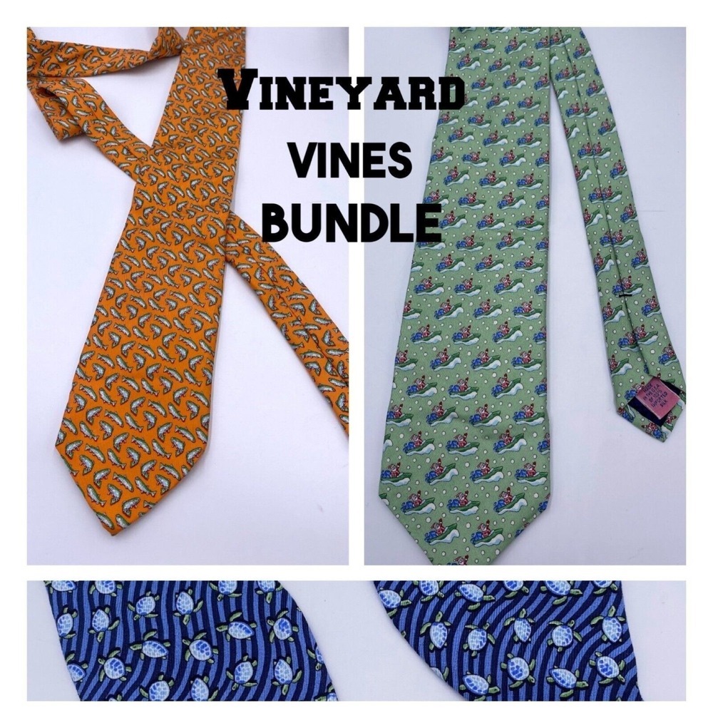 Vineyard Vines Tie Bundle of 3, 2 ties, 1 bow tie, Silk,‎ Trout, Santa, Turtle
